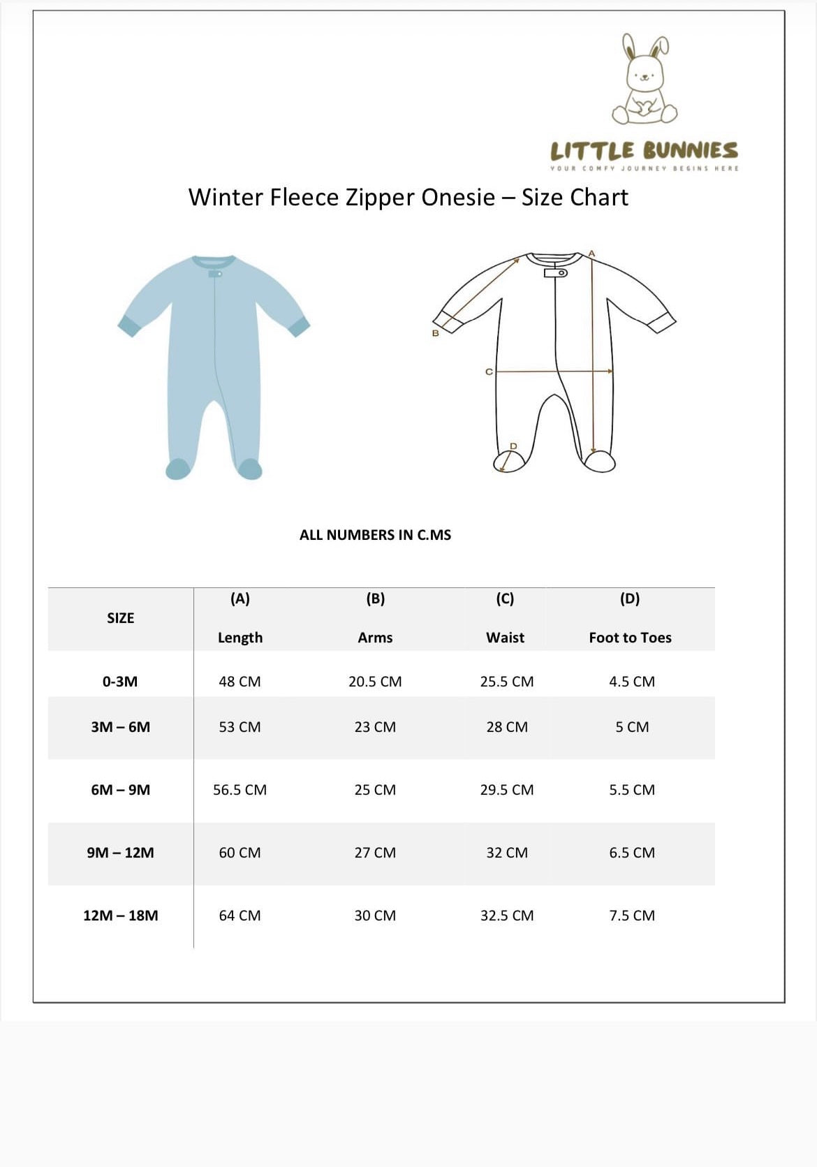 Fleece Onesie Size Chart