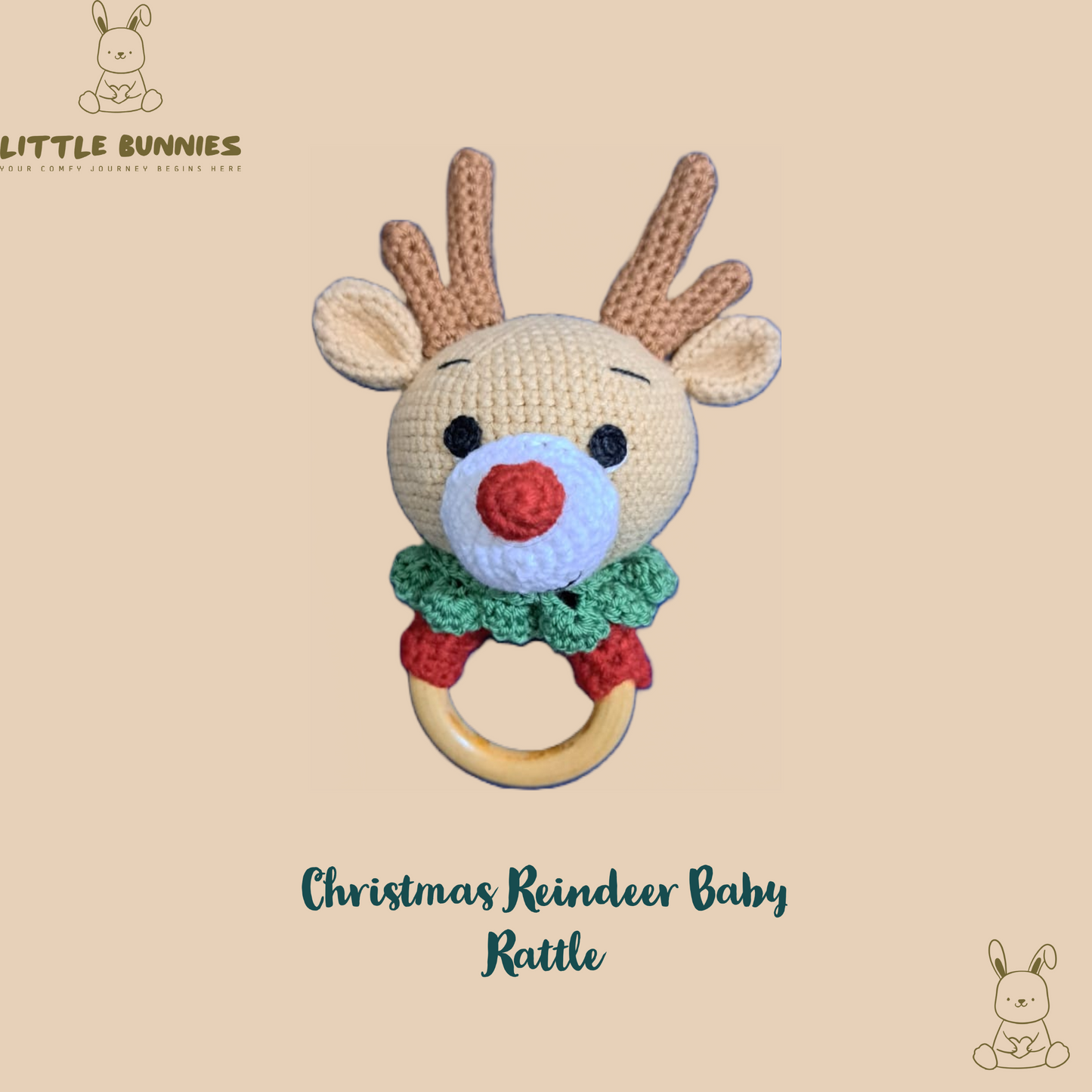 Handmade Crochet Christmas Reindeer Baby Rattle